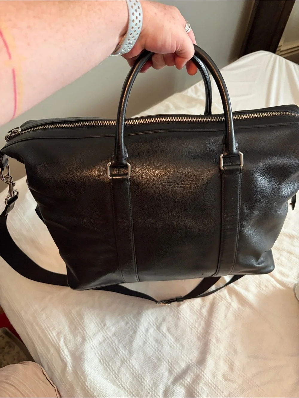 Coach Black Leather Duffel with Top Handles and Shoulder Strap extra large 50”